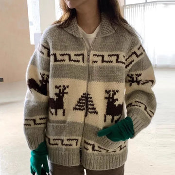 Mqtime Chic Knitted Cardigan Women Sweaters Pull Print Zipper Christmas Sweater Temperament Vintage Casual Oversized Sweater Tops